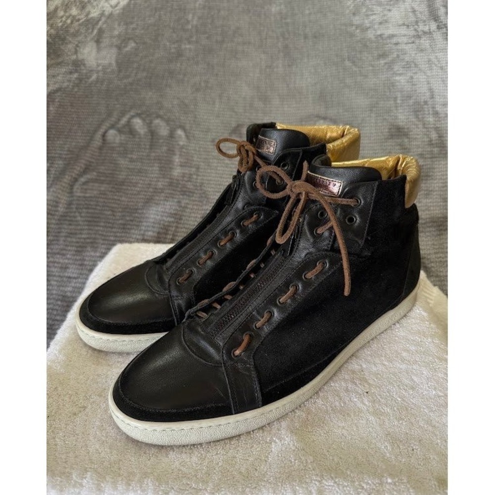 Lanvin Paris Mens High Top Sneakers Black Leather Suede Gold Metallic Zip 11.5